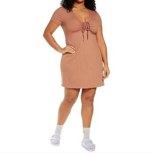NWT BP. Brown Ruched Bodice Curvy Lettuce Hem Mini Dress Size 3X Ribbed Jersey